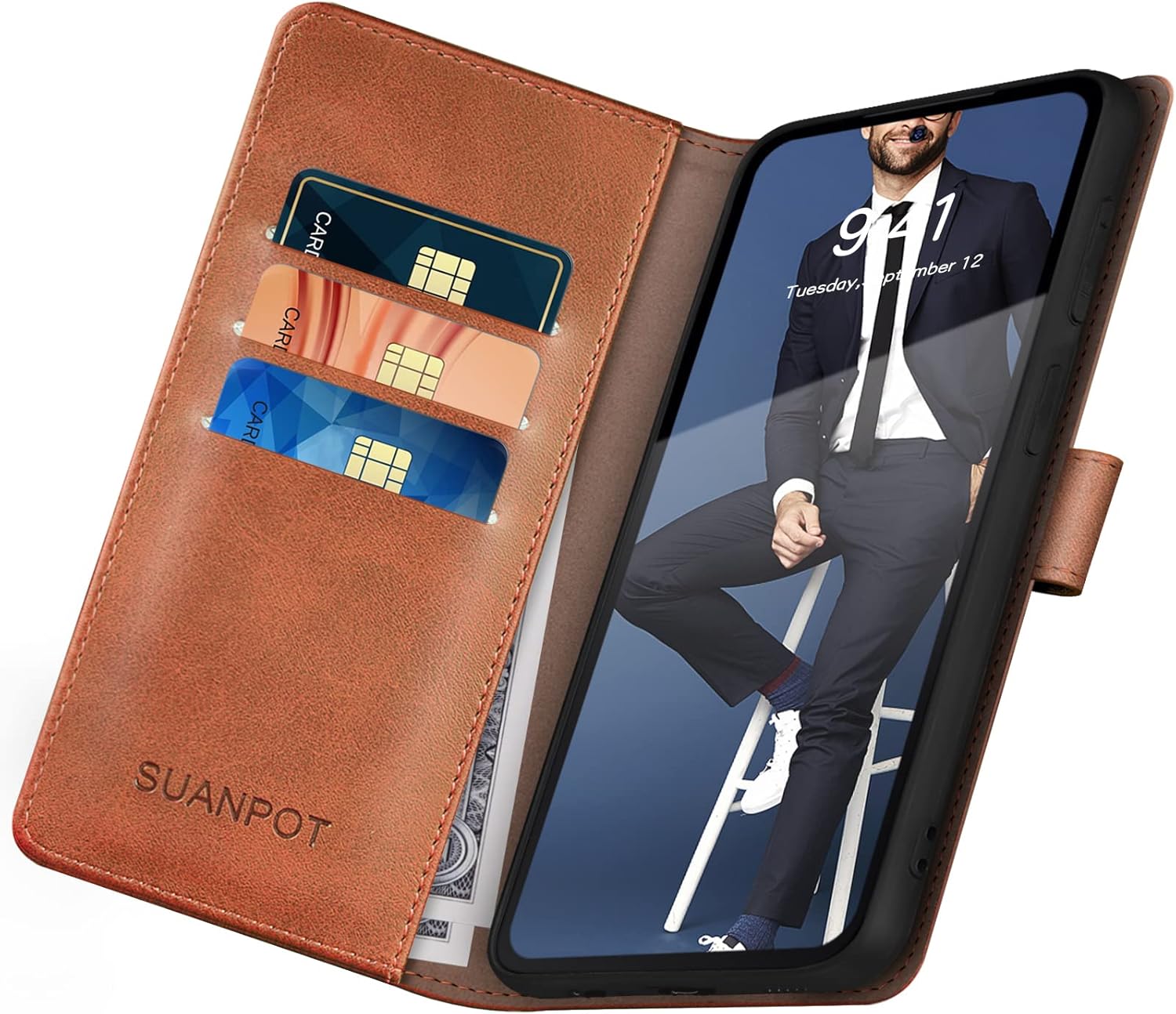 SUANPOT for Samsung Galaxy S22 with RFID Blocking Leather Wallet case Credit Card Holder,Flip Folio Book Phone case Shockproof Cover Women Men for Samsung S22 case Wallet Light Brown - Image 5