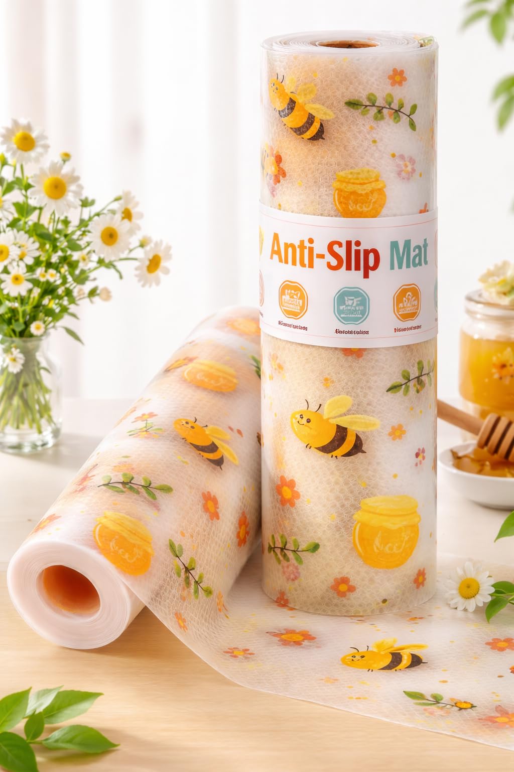 Honey Bee Printed Transparent Drawer & Shelf Liner Roll 45x500 Cm | Anti-Slip Waterproof Kitchen Cabinet Mat | Multipurpose Fridge, Table & Wardrobe Protector Sheet 1