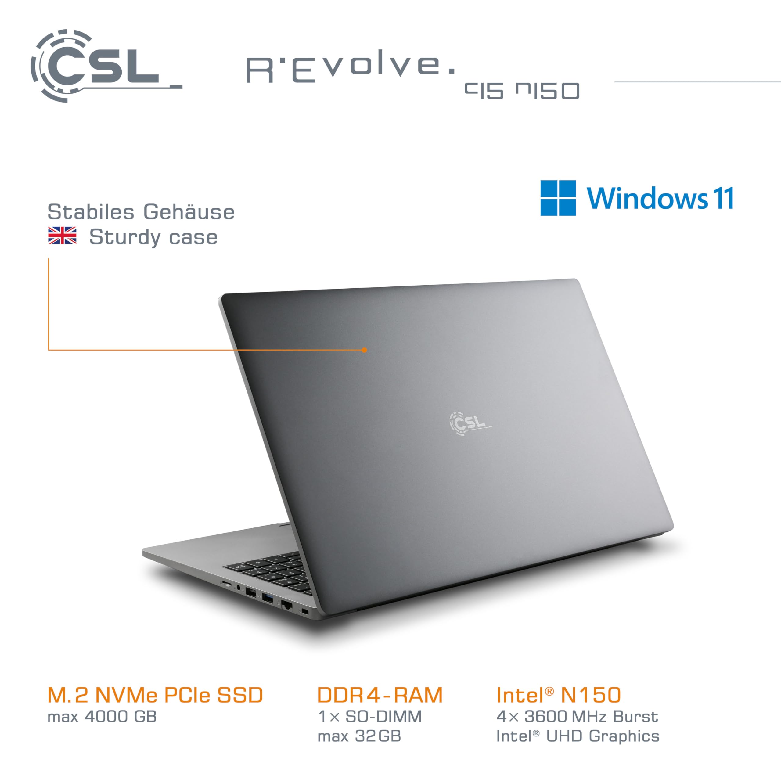Notebook CSL R'Evolve C15 v4 Windows 11 Home - Ultra-Slim Laptop, 15,6 Zoll Display FHD 1920x1080 IPS, Intel N150 CPU 4x3600 MHz Turbotakt, 1000 GB M.2 SSD, 16 GB DDR4-RAM, USB 3.2, BT 5.1, AC WLAN