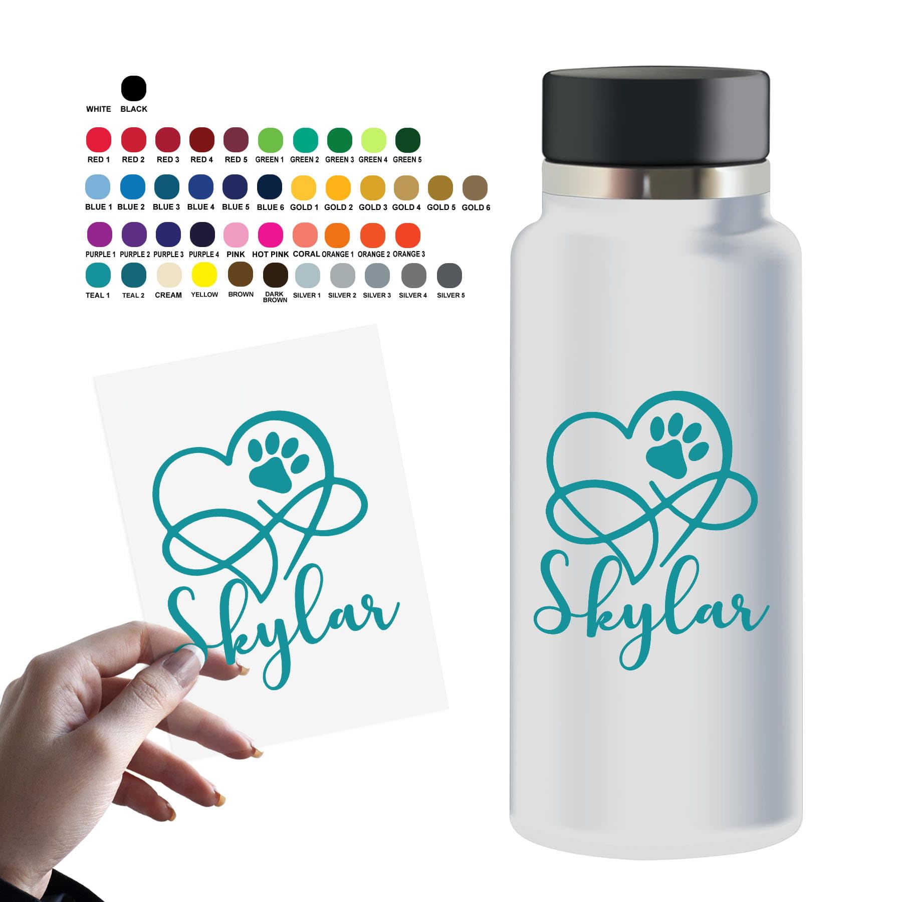Custom Name Sticker Personalized Heart Name Pet Paw Cat Dog Lover 6 Transparent Sticker Waterproof Vinyl Decal for Water Bottles,Tumblers,Cup,Laptop,