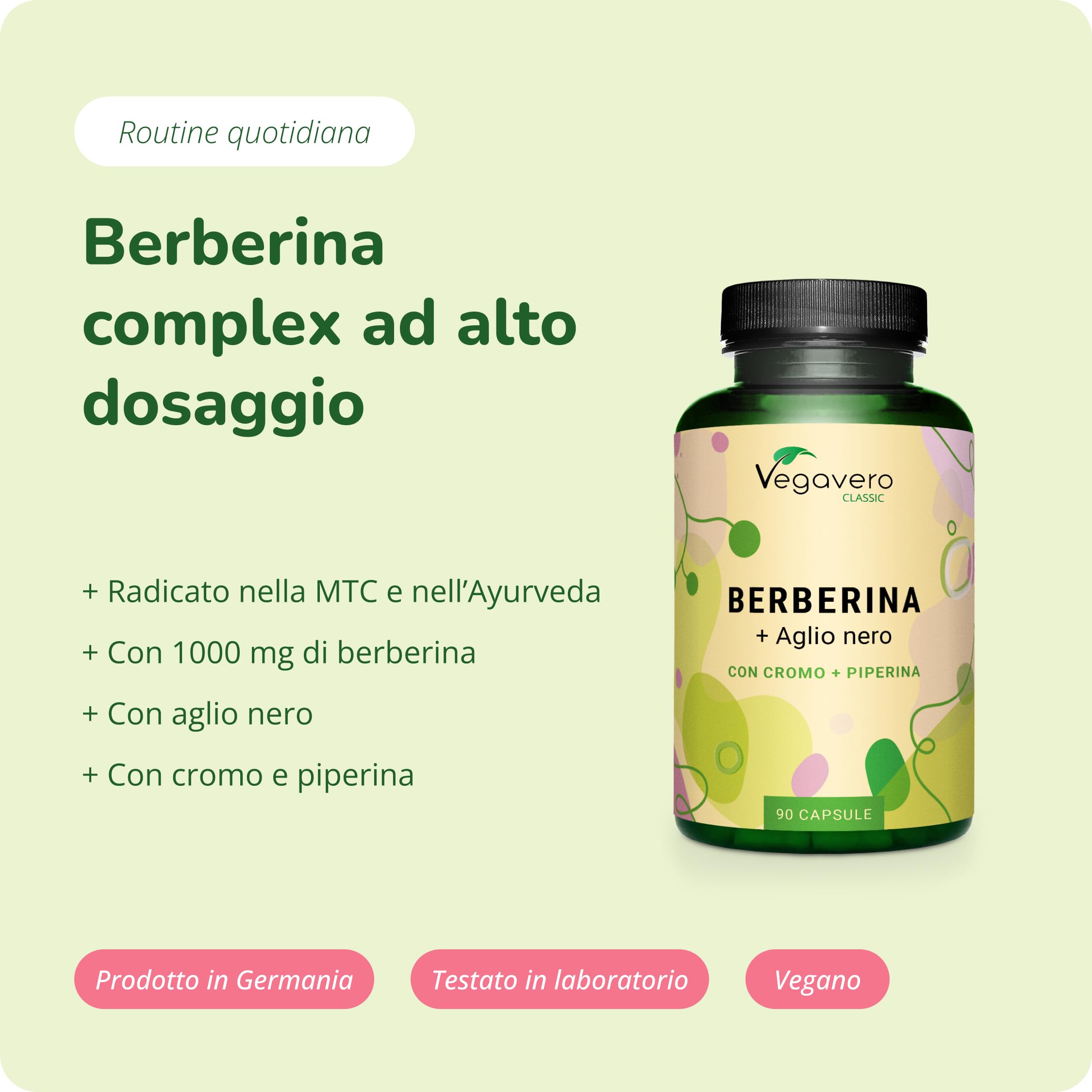 Berberina 1.000 mg | con Cromo, Pepe Nero e Aglio Nero | Berberine Pura e Naturale 97% da Berberis aristata | Vegan e Senza Additivi | Vegavero®