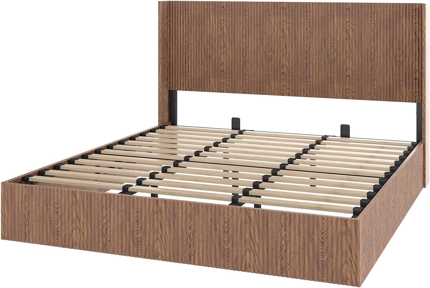 Natural King Size Storage Bed Frame, Lift Up Wood Platform Bed Frames with Hydraulic Lifting Storage Under, 44.5" Wingback Headboard, Metal Frame Slats Support, No Box Spring Needed (Natural, King)