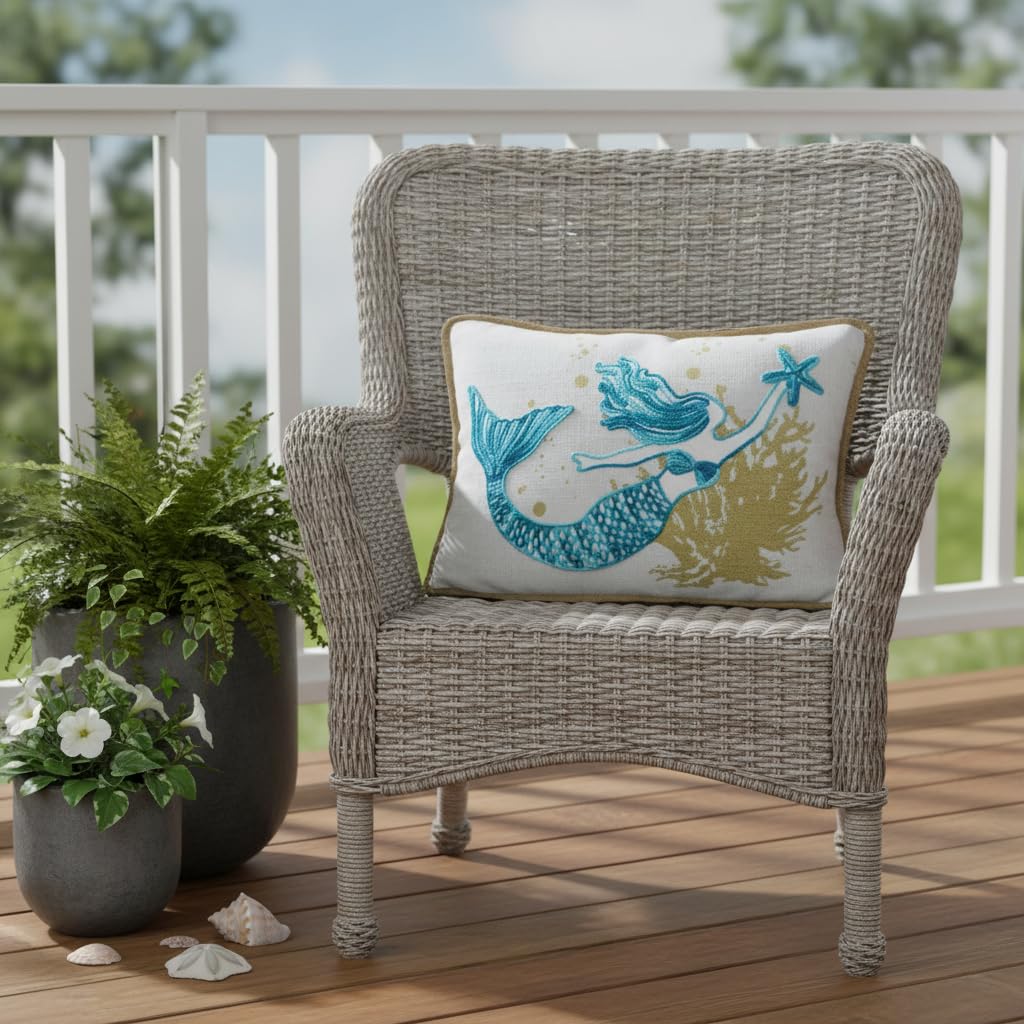 Comfy Hour Almohada de sirena de 18 x 13 pulgadas, decoración costera de estrella de mar | Estrella de mar, poliéster bordado azul azulado y dorado, decoración náutica para sofá, cama, sofá, oficina
