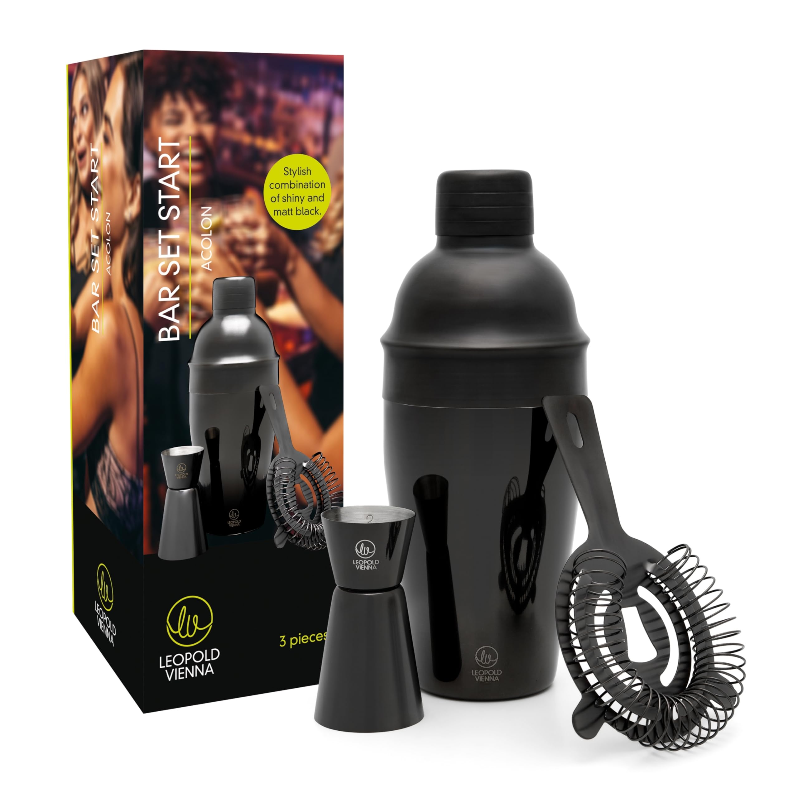 Juego de coctelería Acolon de 3 piezas negro con pipeta y coctelera