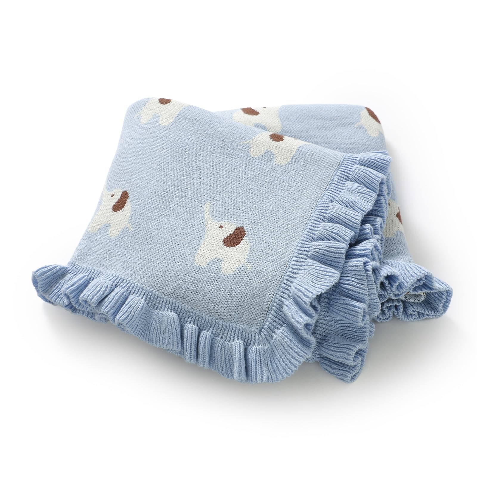 mimixiong Cotton Baby Blanket Soft Knit Ruffle Blankets Cartoon Elephant for Newborn Boys and Girls (Light blue)