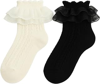 Girls Cable Knit Frill Ruffle Ankle Socks with Net Lace Trim | Pack of 2 (Black & Cream) | Ages 2–11 Years Price In India