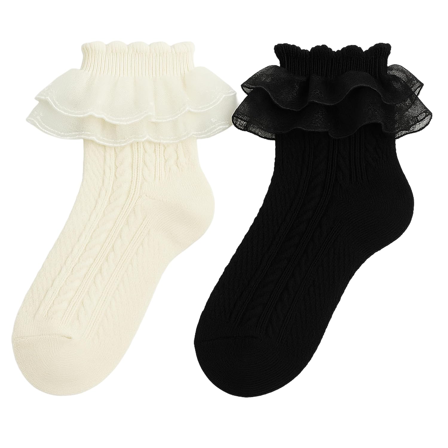 Socks for Girls, Girls Ruffle Frill Net Lace Cotton Ankle Socks, Cream and Black, Pack of 2