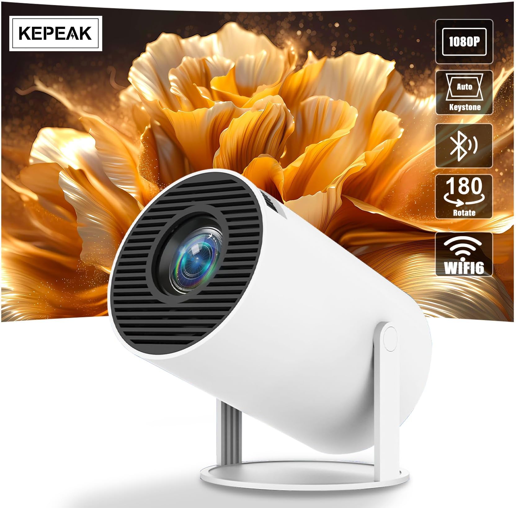Mini Projector with WiFi 6 and Bluetooth - 4K 1080P Full HD Portable Projector, 12000L Auto Keystone Correction, Wall Movie 180° Rotatable for Bedroom, Outdoor, Phone/HDMI/USB/Laptop