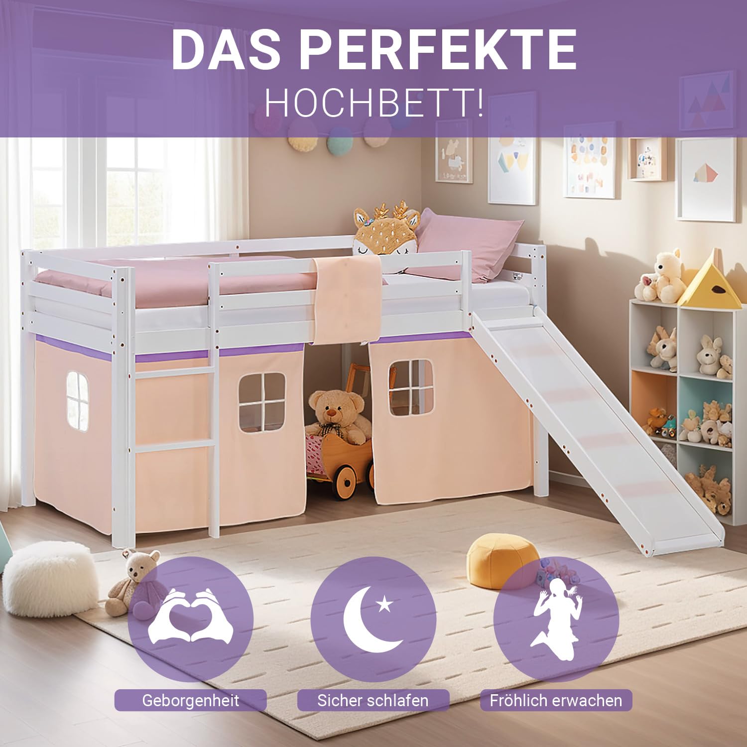 Homestyle4u Hochbett mit Rutsche 90x200 cm - Spielbett Weiß Mädchen Kiefer | Massivholz Kinderbett inkl. Lattenrost & Vorhang Lila-Beige - Leiter & Absturzsicherung - Hochwertiges Kiefernholz