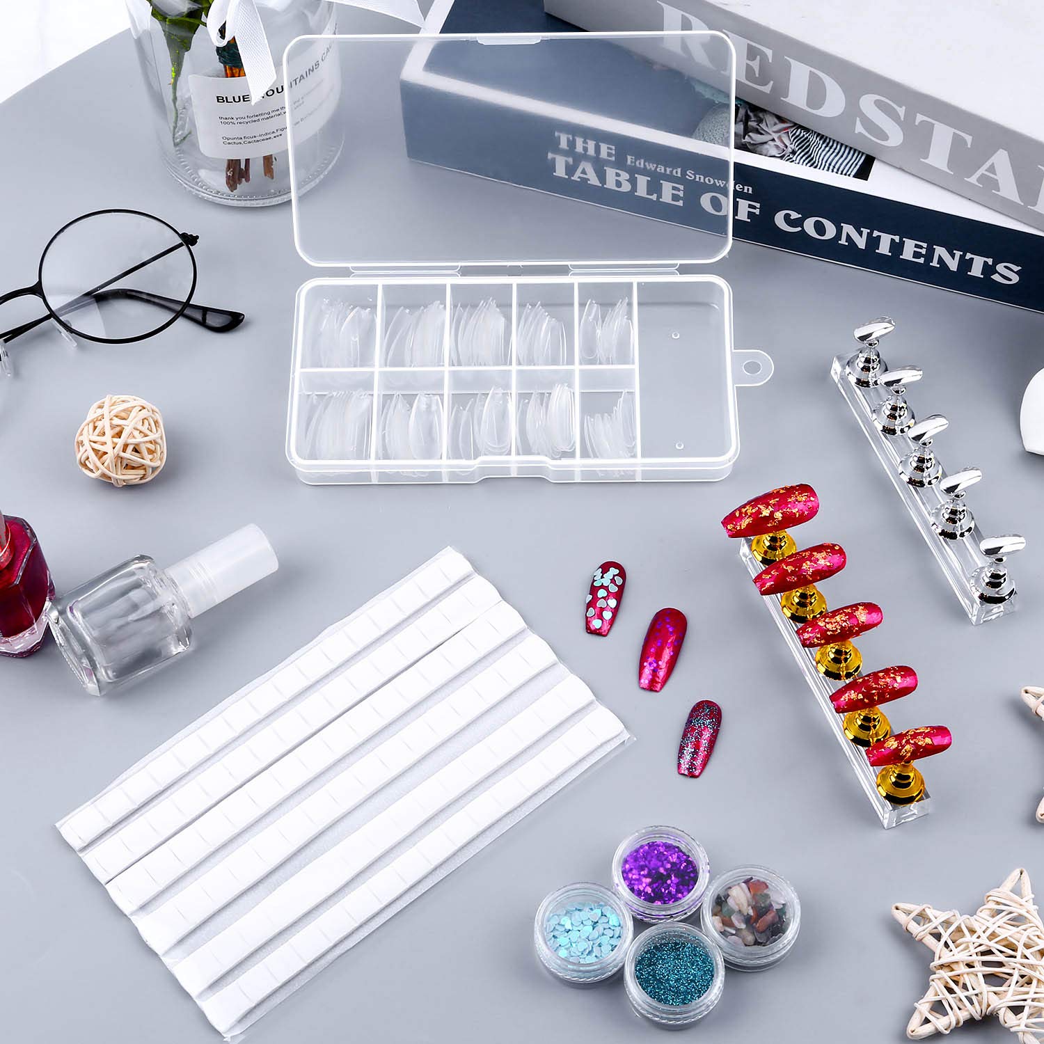 Flasoo 2 Sets Acrylic Nail Art Holder Magnetic Practice Display Stand with 96Pcs White Reusable Adhesive Putty and 100Pcs Acrylic Coffin Fake Nail Tips for Nail Art Salon DIY and Practice Manicure