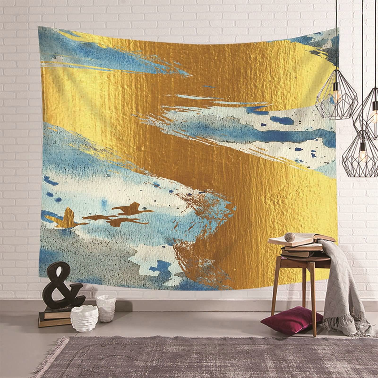 Tapiz de pared abstracto para decorar tu salón con graffiti moderno azul y dorado de 150x130 cm
