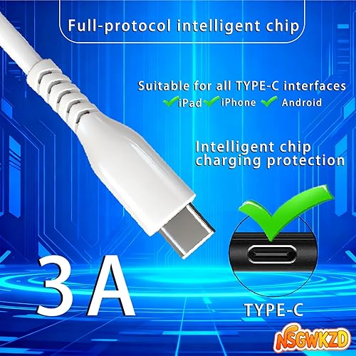 Miniatura 3 de Cable USB C blanco de 10 pies de largo, cable de carga rápida de 60 W, carga universal y sincronización de datos para dispositivo tipo C