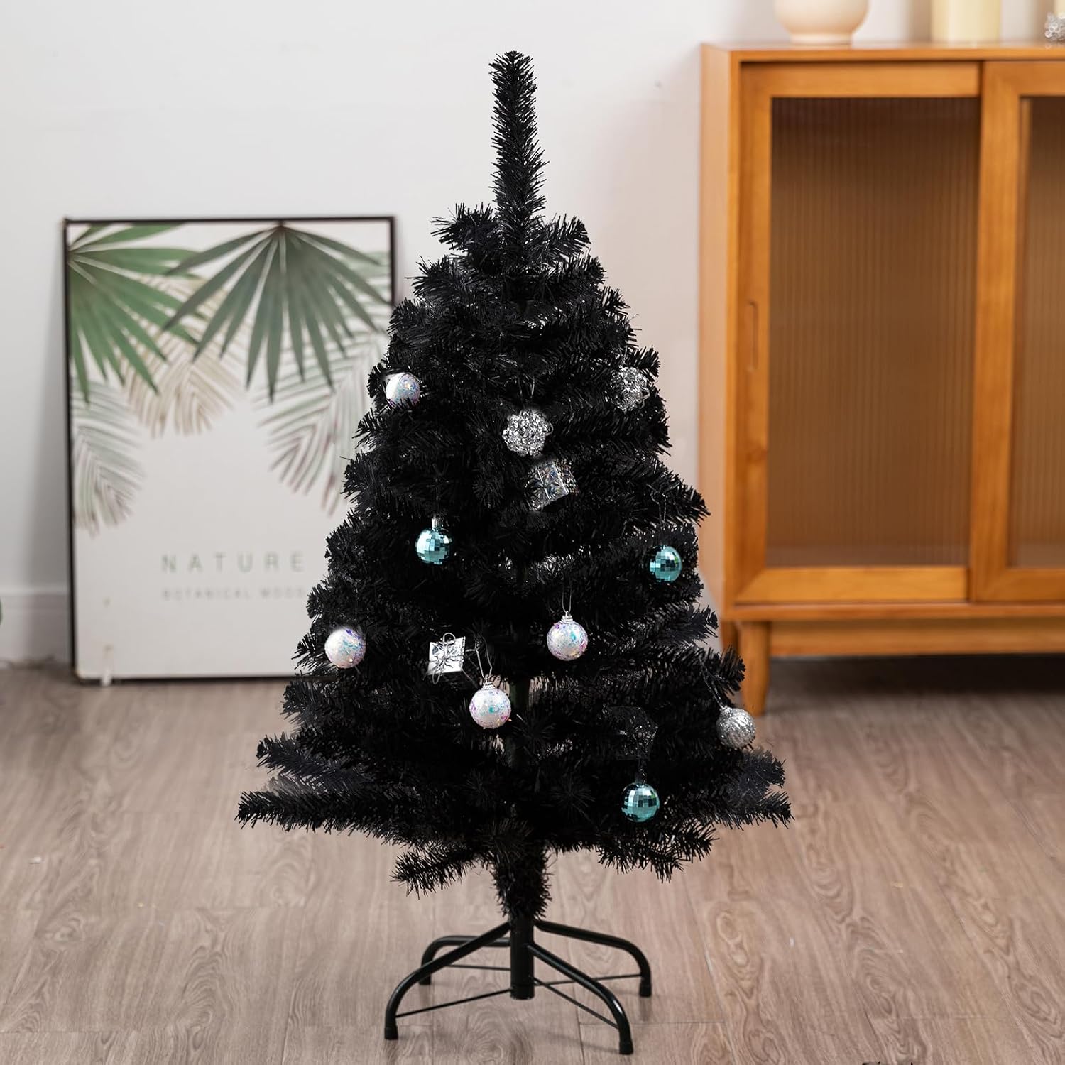 3FT Artificial Christmas Tree Black Tabletop Christmas Tree with Metal Stand Mini Xmas Pine Tree for Party Supplies Indoor Outdoor Holiday Home Decoration(Black)