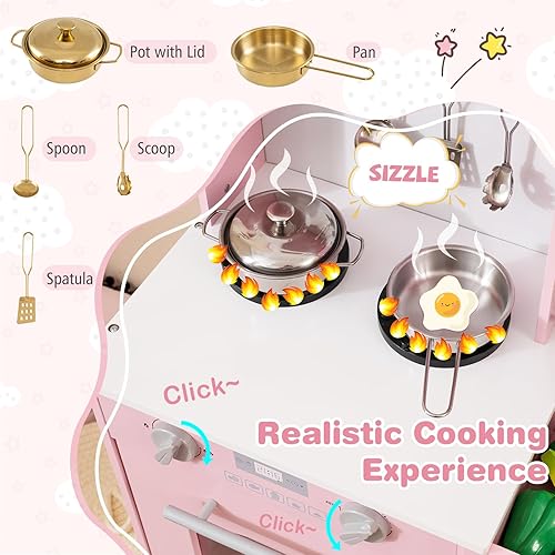 Miniatura 3 de Costzon Juego de cocina para niños, juguete de madera con 3 alturas ajustables, toallero, cortinas, microondas, estufas, fregadero, horno, máquina