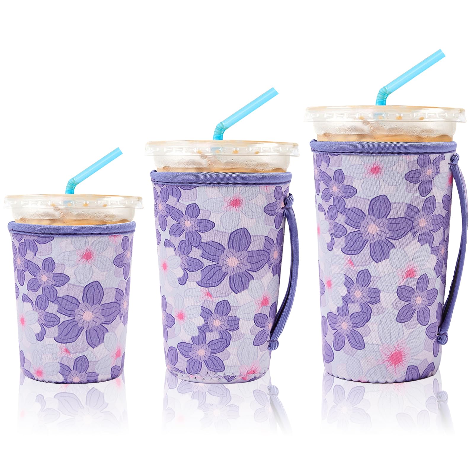 KJQJLY 3 Pack Reusable Iced Coffee Sleeves for Iced Coffee Cups or Drinks Reusable Neoprene Insulated Sleeves for Hot and Cold Drinks from Starbucks, Dunkin, And More (Little Purple Flowers)