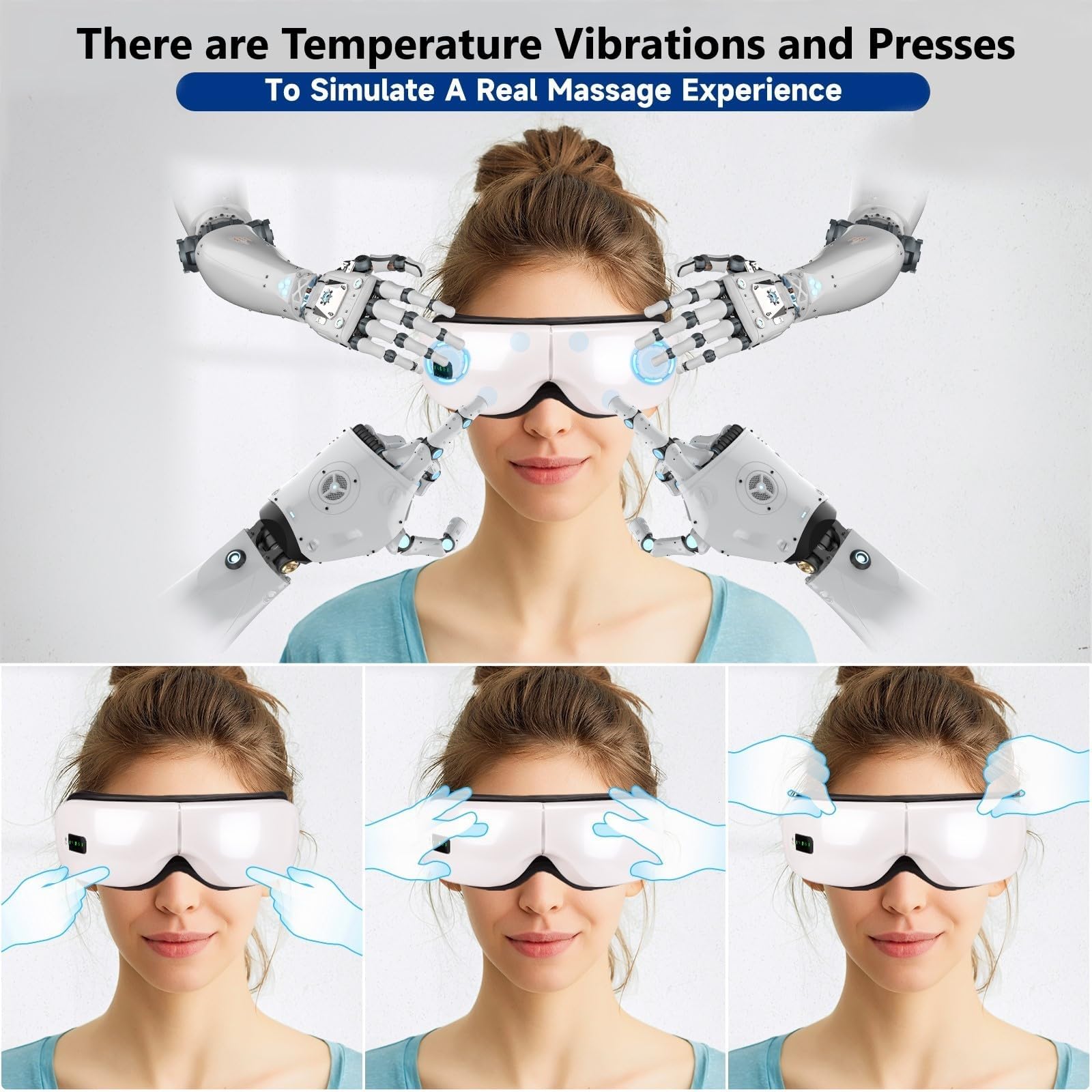 Masajeador de Ojos con Calor, Música Bluetooth, 5 Modos de Masaje y Diseño Plegable de 180°, Alivia el Dolor Ocular, Mejora la Sequedad Ocular y el Sueño