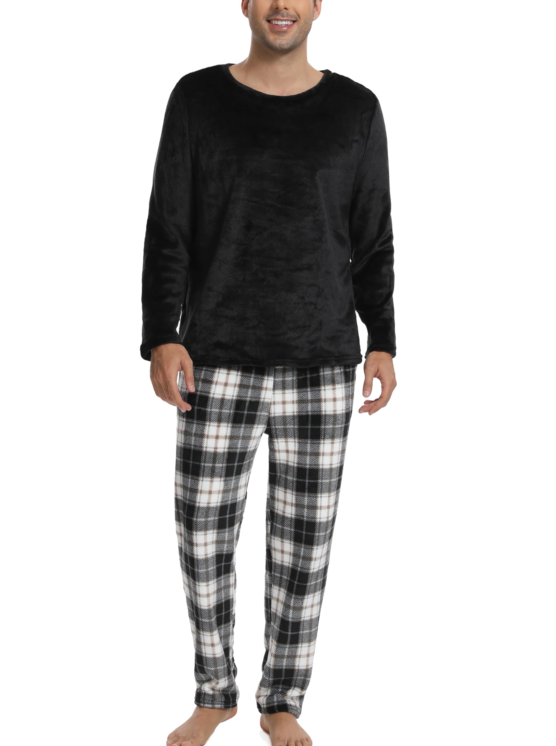 Pyjama Polaire Homme Velours Ensemble Thermique Hiver Chaud Hauts de Pyjama Manches Longues Col Rond Vêtements d'Intérieur Plaid Carreaux Vêtements de Nuit Grande Taille Douce Confortable M-3XL