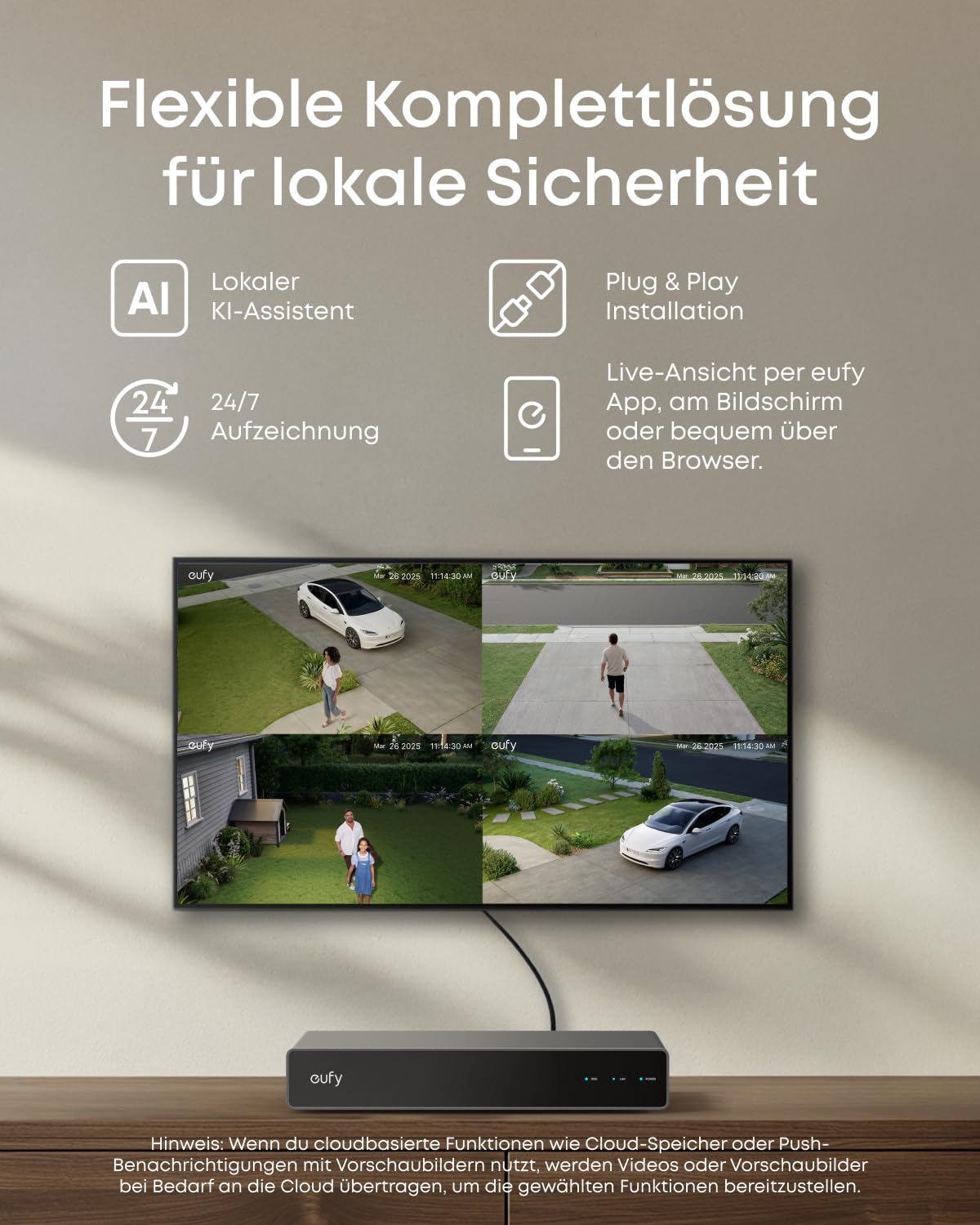eufy PoE NVR Security System E41, 4× 4K Turret-Kameras, verkabelte Außenkamera, 4K UHD, 122° Weitwinkel, Farbnachtsicht, 24/7-Aufnahme, KI-Erkennung, Warnlicht, 8-Kanal Netzwerkvideorekorder, 2TB HDD | 4 x 4K Tower Kameras, 122°, Farb-Nachtsicht, 24/7-Auf