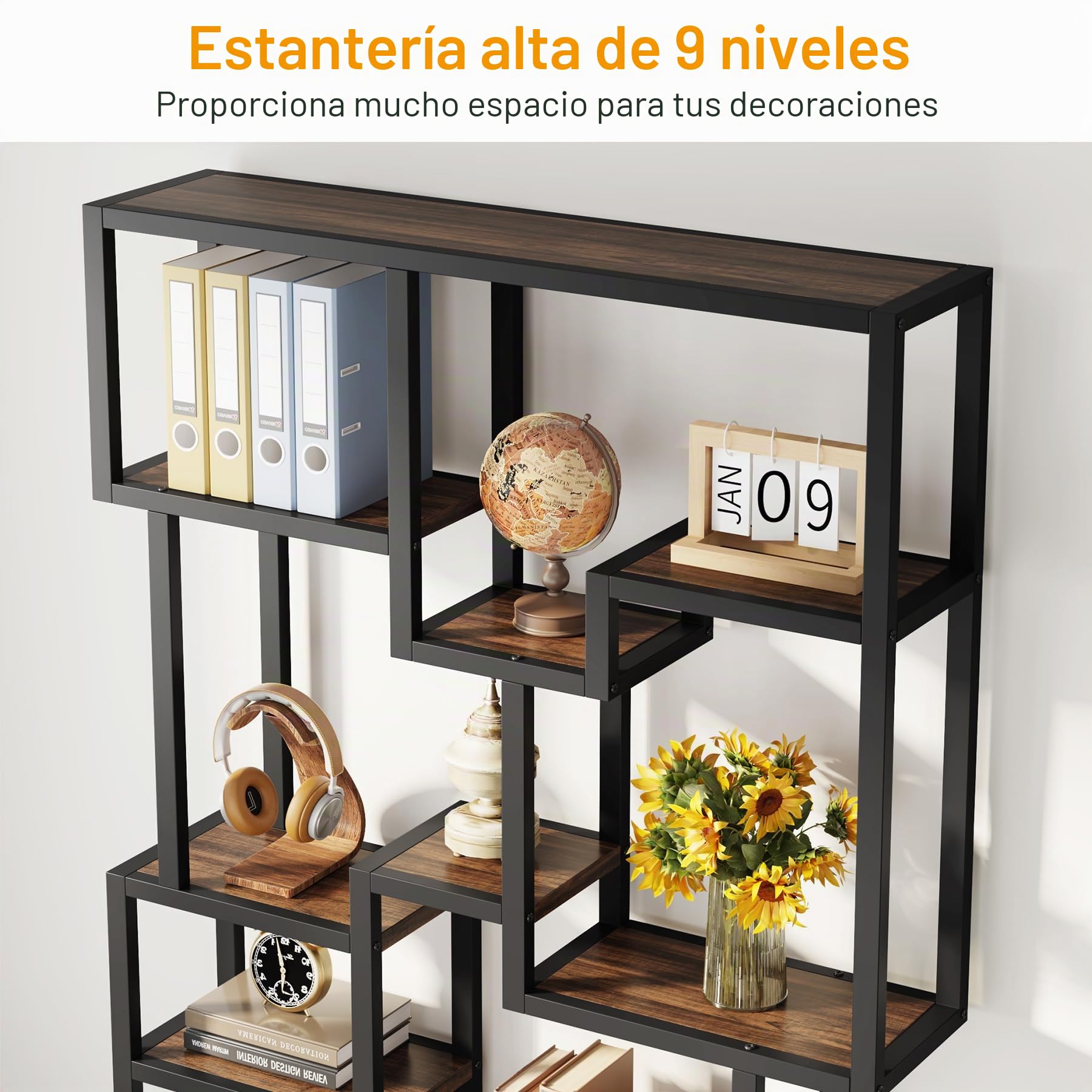 Tribesigns Estantería de 7 niveles, estantería industrial de 70.9 pulgadas, estantes altos de madera, estante de almacenamiento abierto con marco de metal para sala de estar, oficina en casa, marrón