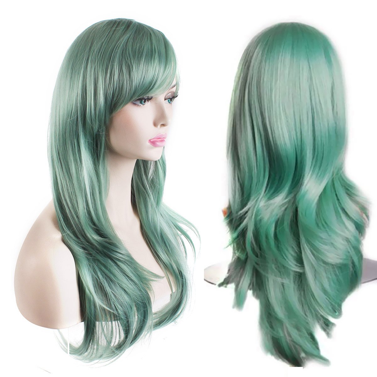 AKStore Womens Heat Resistant 28-Inch 70cm Long Curly Hair Wig with Wig Cap, Green