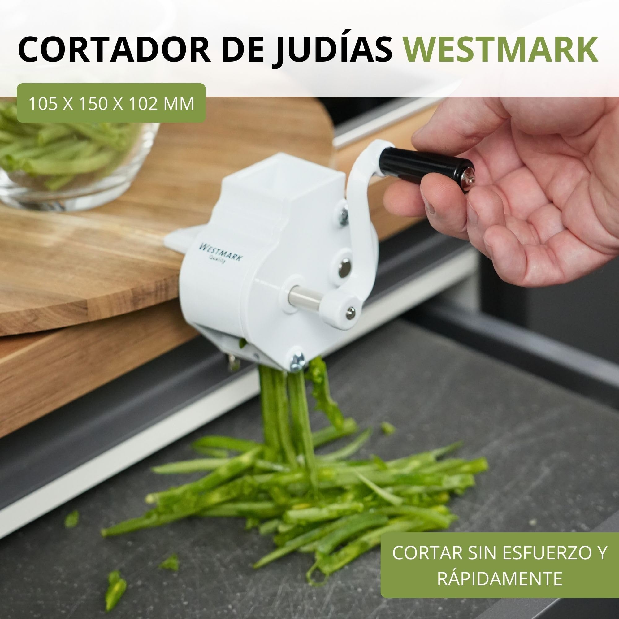 Westmark Mandolina para judías con gran abertura de corte y abrazadera de tornillo para el montaje en la mesa, Cuchillas de acero inoxidable/carcasa de acero, Blanco, 11862260