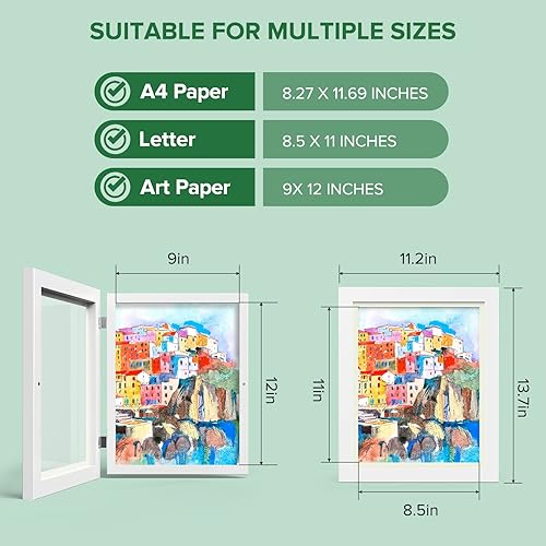Miniatura 6 de Hsypti Paquete de 4 marcos de arte para niños, marcos de arte para niños intercambiables de 8.5 x 11 pulgadas con paspartú o de 9 x 12 pulgadas sin
