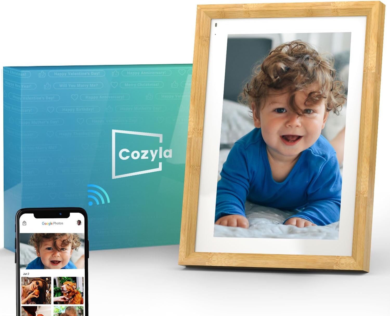 Cozyla Digital Picture Frame Multi Platform to Send Photos and Videos via Email Google Photos Instagram PhoneApp Free Unlimited Storage Built-in Alexa Photo Frame Electronic WiFi 10.1 Inch Bamboo