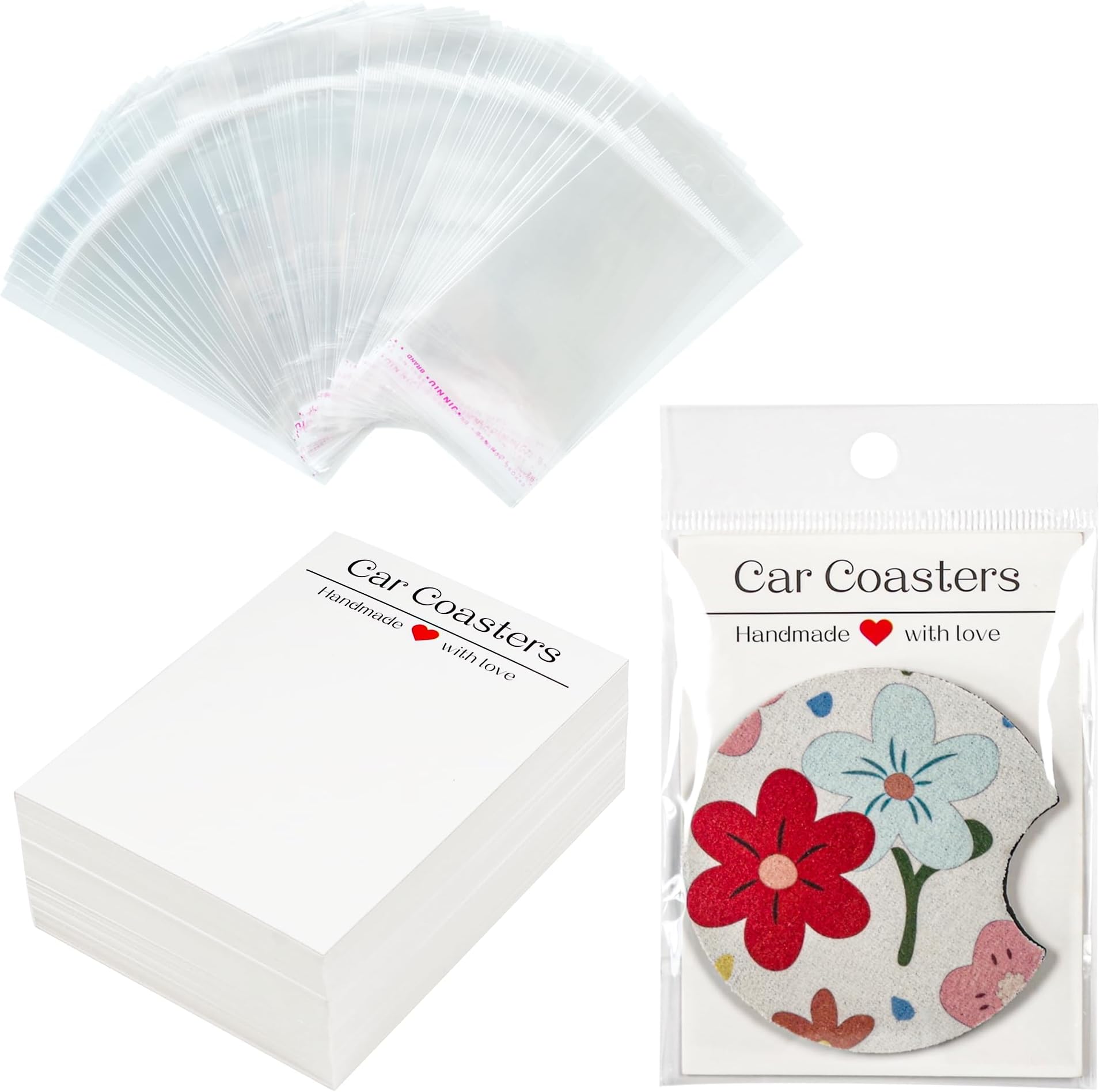 100Pcs Car Coaster Packaging for Selling, Sublimation Car Coasters Cards with 100Pcs Bags, Car Coaster Packaging, Coasters Display Cards 3.93x2.85In, Heat Press Machines Accessories