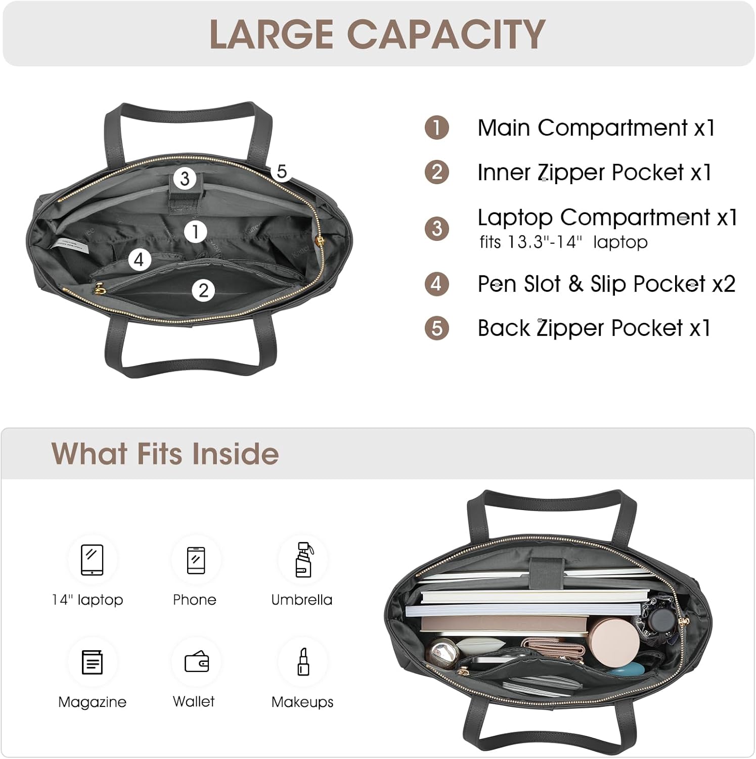 Kattee Women’s Soft Leather Work Tote Shoulder Bag,Large Capacity Designer Satchel Handbags with Luggage Sleeve - Image 4