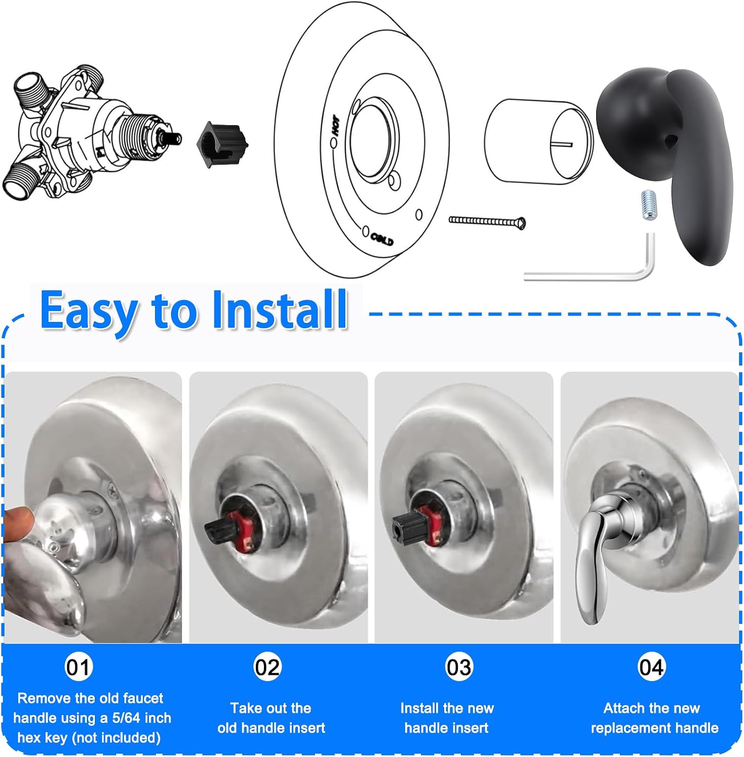 1046987 Shower Faucet Handle Replace for Kohler 1046987, with 5 Pcs 1060514 Handle Insert and The Matching Screw Wrench, Black