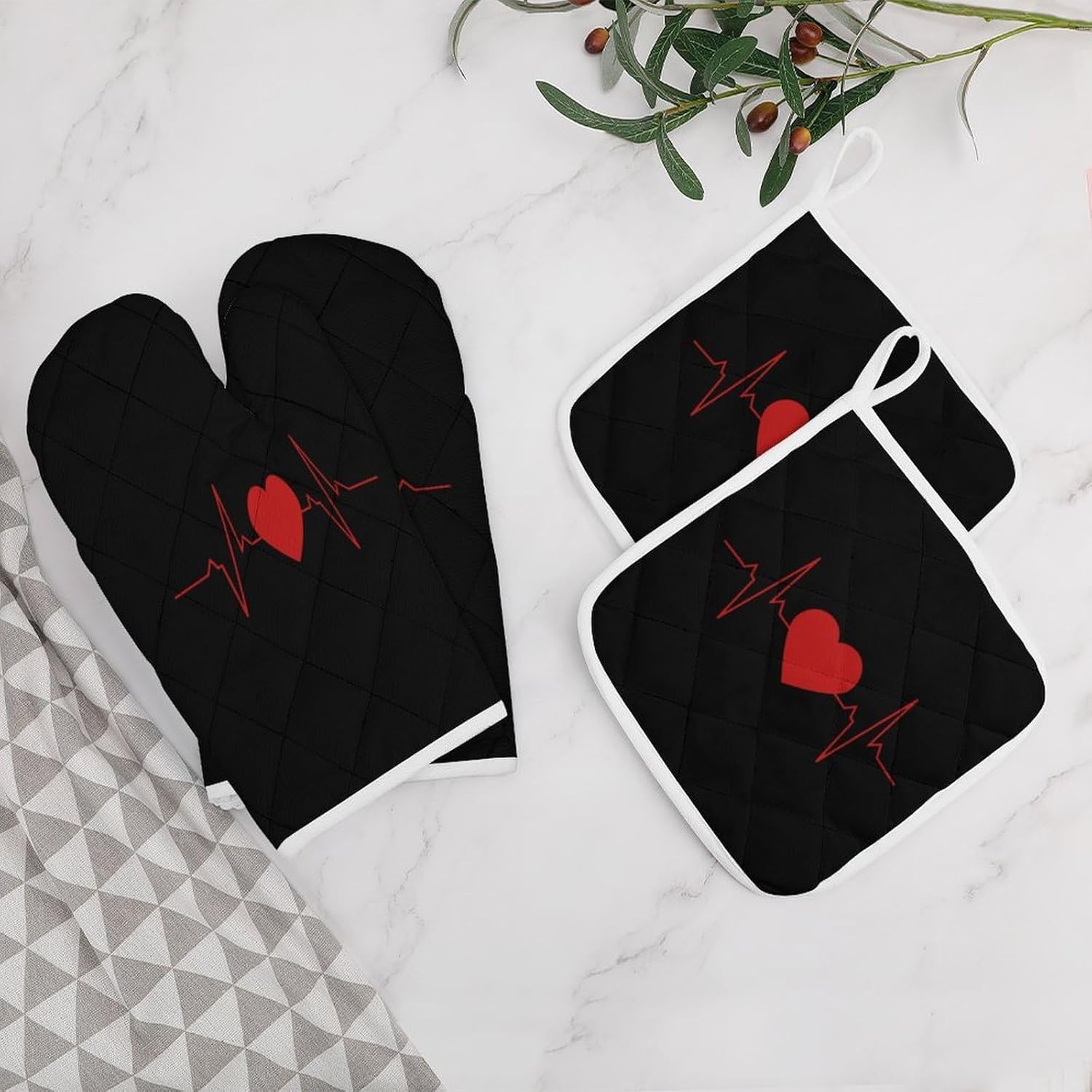 Heartbeat Line Oven Mitts and Pot Holders 4Pcs Set Heat Resistant Cooking Mitts Hot Pads