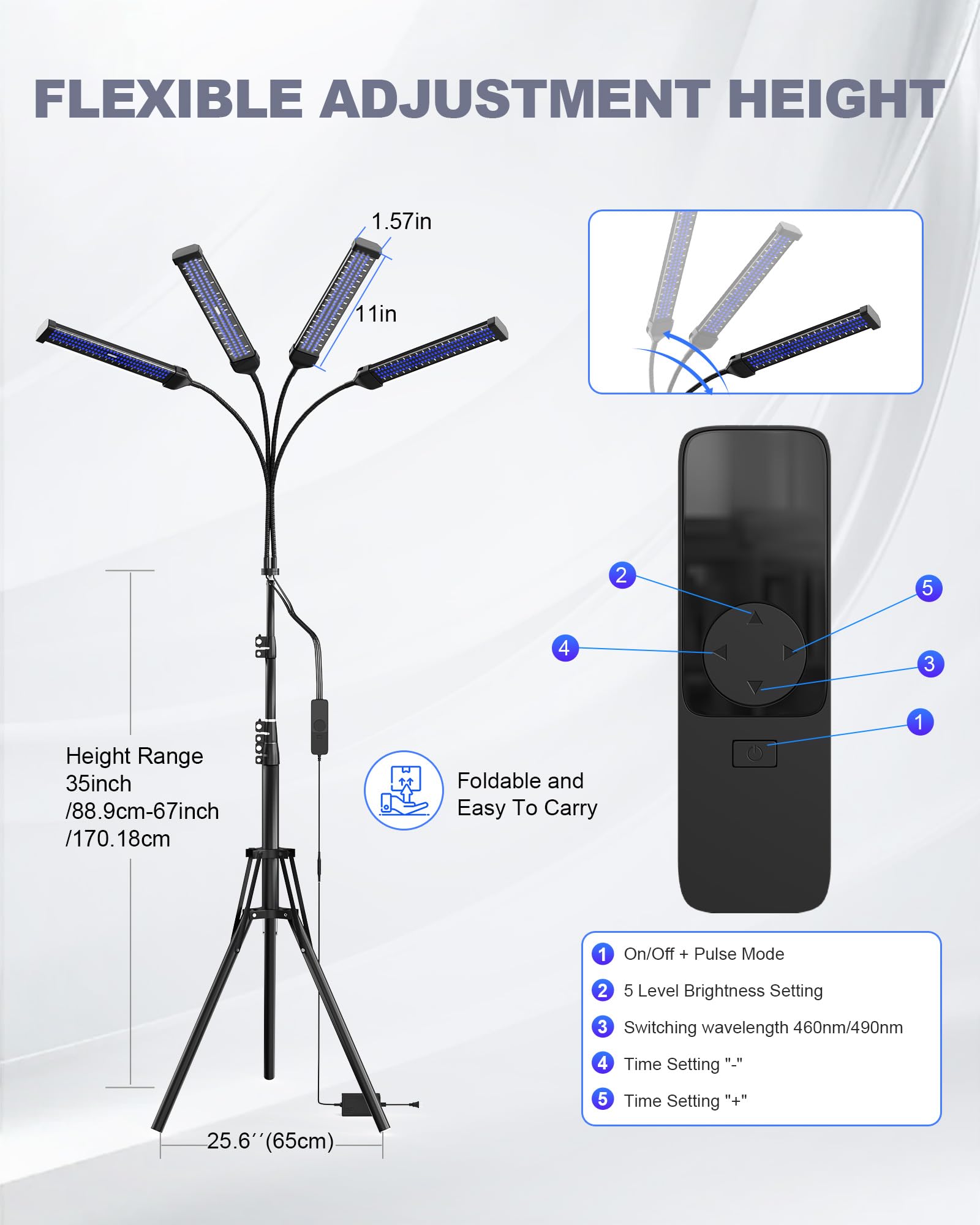 Bräunungslampe 432 LEDs Dual-Wellenlänge 460NM & 490NM 60W Gesichtssolarium Höhenverstellbarer Ständer