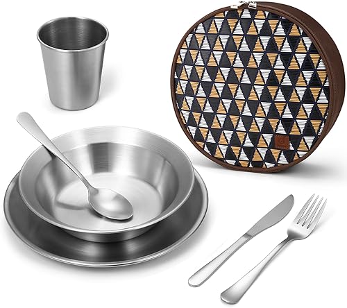 Miniatura 9 de Odoland Kit completo de mensajería para campamento, vajilla de acero inoxidable pulido, vajilla de cocina para camping, utensilios organizadores