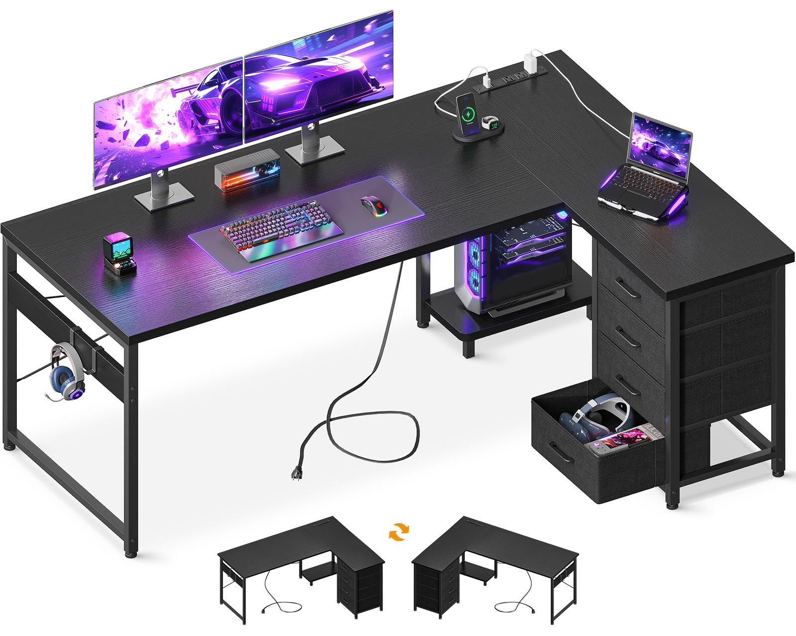 Sponsored Ad - AODK L Shaped Gaming Desk with 4 Drawers, 61" Reversible Home Office Desks with Power Outlets, L Shaped Computer Desk with USB Charging Port and Host Stand, Corner Desk, Easy to Assemble, Black