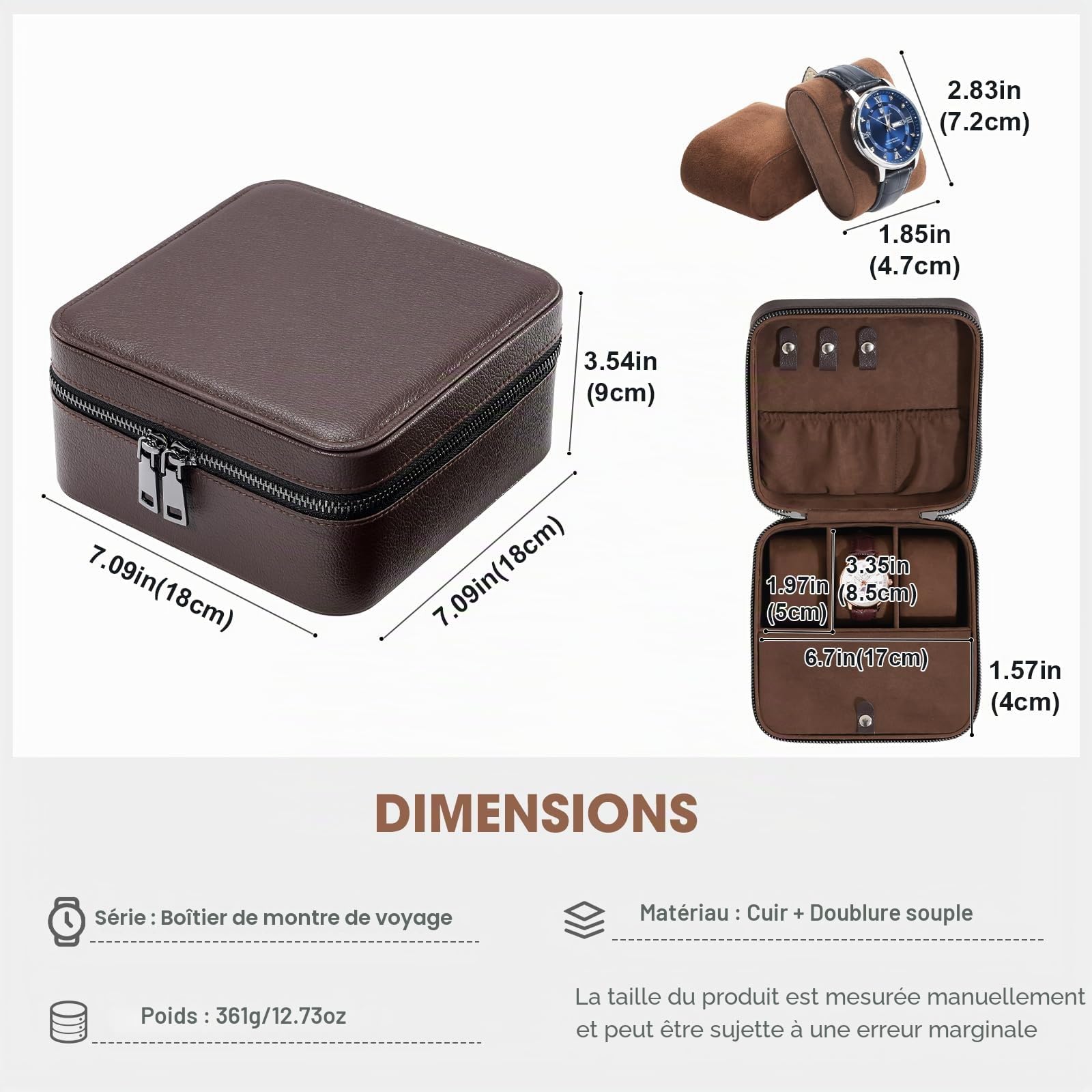 ProCase Boite Montre Voyage, Rangement Bijoux Portable Homme, avec 3 Emplacements Coussin Montre -Marron