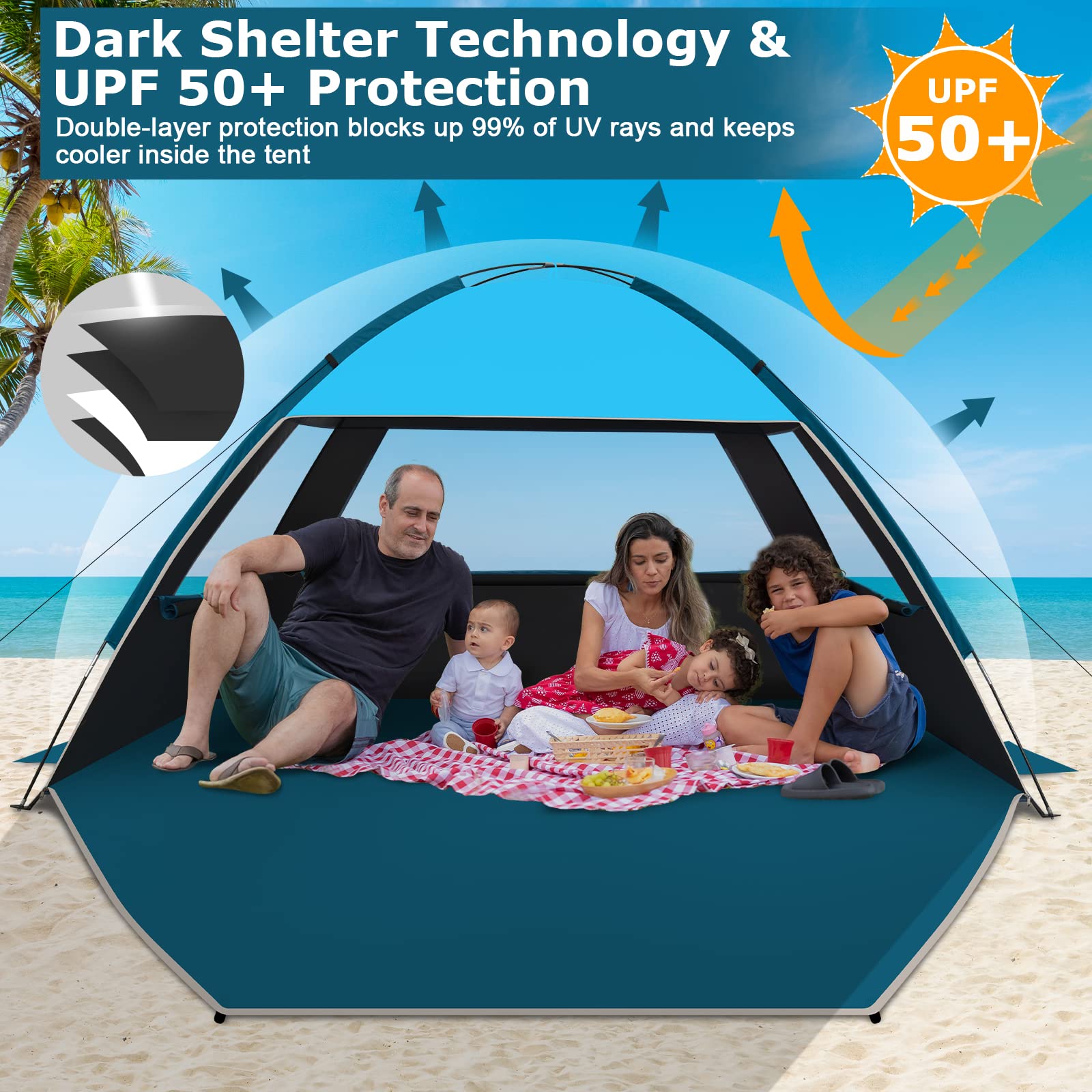 COMMOUDS Beach Tent Sun Shade for 3/4-5/6-8/8-10 Person, UPF 50+ Beach Sun Shelter Canopy Tent, Lightweight, Easy Set Up and Carry Beach Umbrella