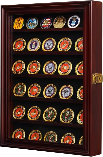 ARRAWIS Coin Display Case Solid Wood Lockable Military Challenge Coin Display Shadow Box with Removable 2 Grooves Shelves and Anti Fade Acrylic Glass Door for Military Medals Coins (Mahogany Red)