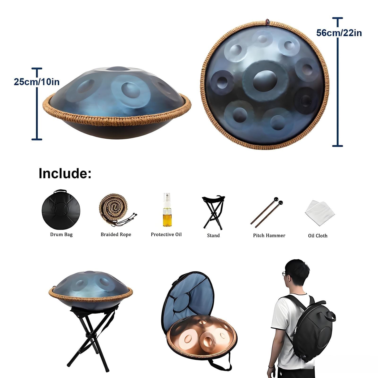 Stalowe bębny ręczne - King Minor 440 Hz / 432 Hz 9/10/12 notatek instrument perkusyjny do bębna ręcznego, zestaw baterii Handpan dla dorosłych z torbą transportową (C,432HZ/10Note)