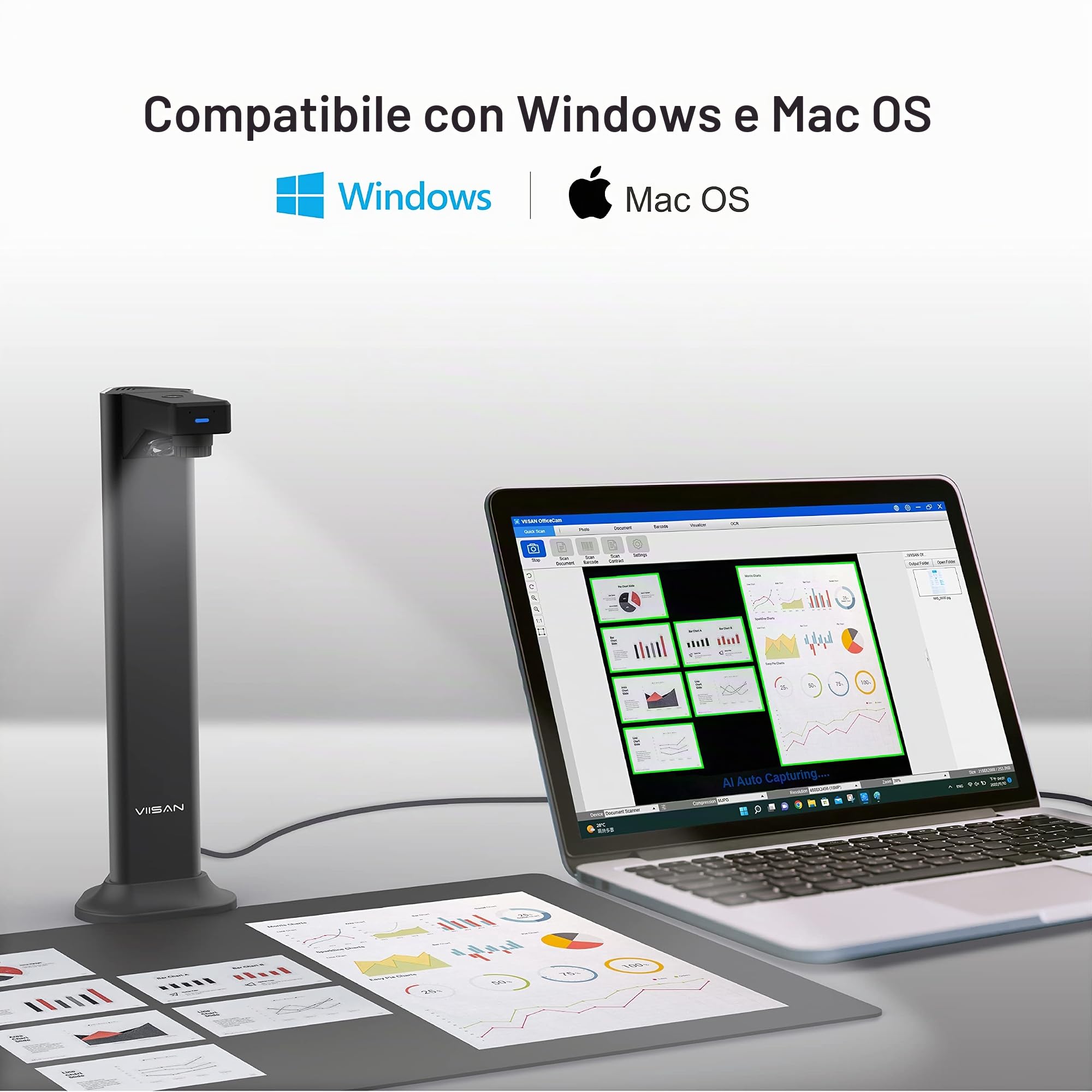 Viisan DL8 Scanner per documenti e libri digitalizza A3 in un attimo, leviga la curvatura delle pagine doppie del libro. 13MP. Modifica delle immagini e software OCR. Windows & Mac