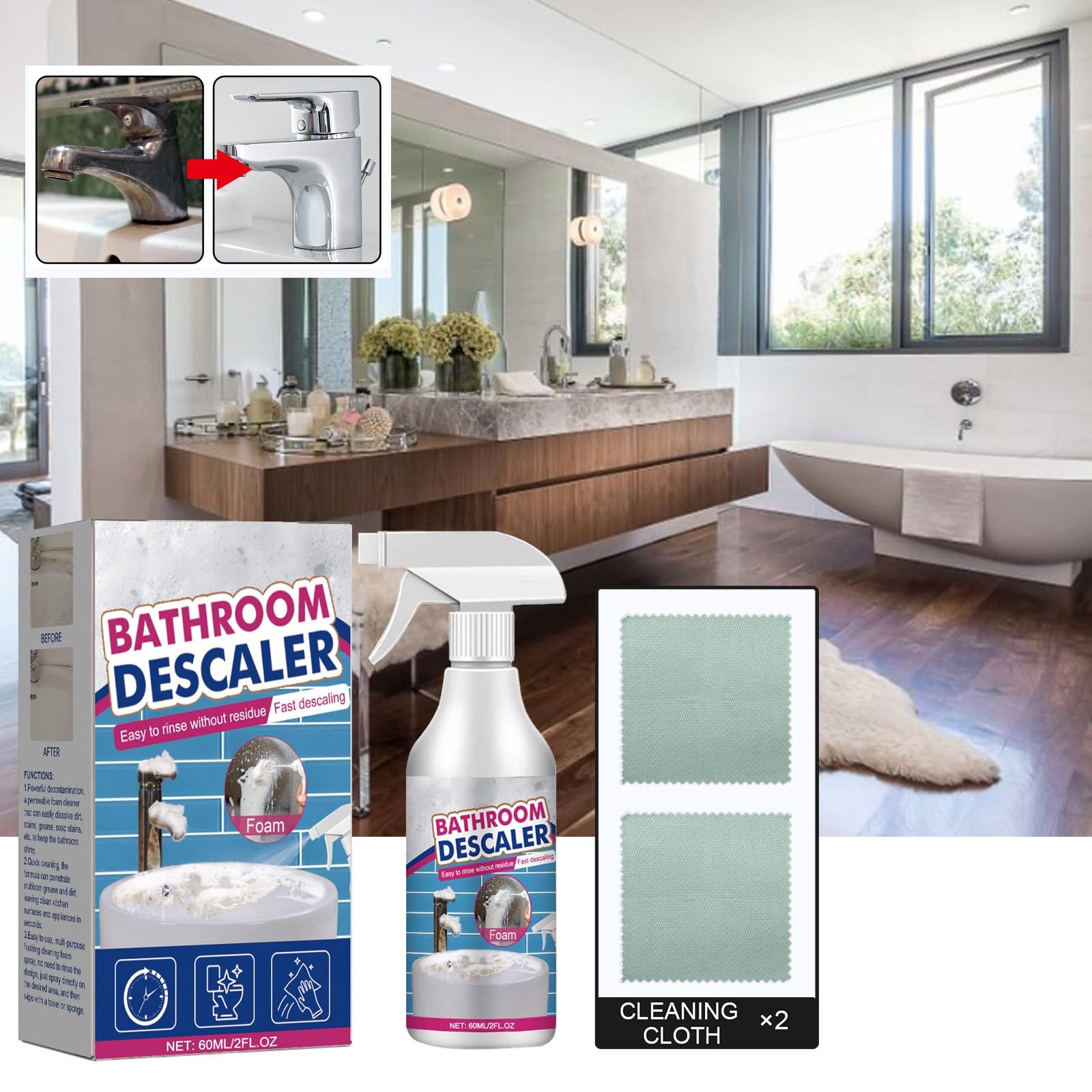 Bathroom Descaler Foam Cleaner Spray - Stubborn Stains Remover, All-Purpose Foaming Cleaner for Bathtub, Toilet, Sink, Glass with Fresh Scent (1)