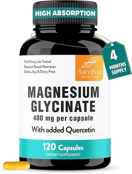 Magnesium Glycinate 400mg High Absorption Capsules with Quercetin | Quality Sleep, Relaxation & Muscle Health Supplement for Women and Men | Chelated Magnesium 120 Count (Pack of 1) | Easy to Swallow