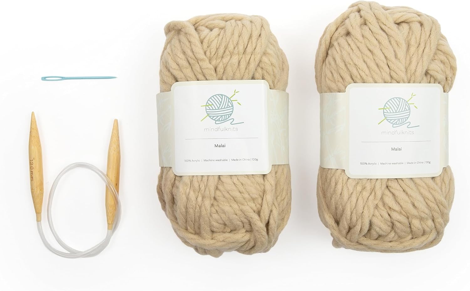 mindfulknits Learn to Knit Kit - Knit a Chunky Beanie- Knitting Needles, Yarn Needle & Acrylic Chunky Bulky Knitting Yarn– Mocha- Beginner Kit for Relaxation & Stress Relief
