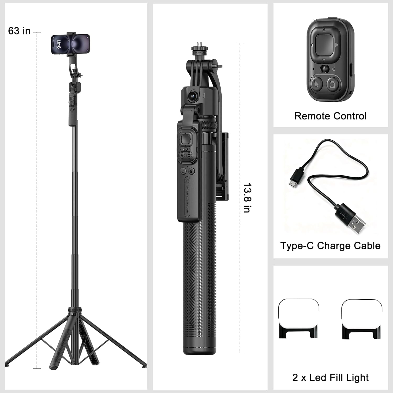 Auto Face Tracking Tripod for iPhone with Light 63” Selfie Stick Tripod Stand Follows Your Movement 360° Phone Camera Tripod with Wireless Remote for Content Creator Vlog Live Stream Video Recording