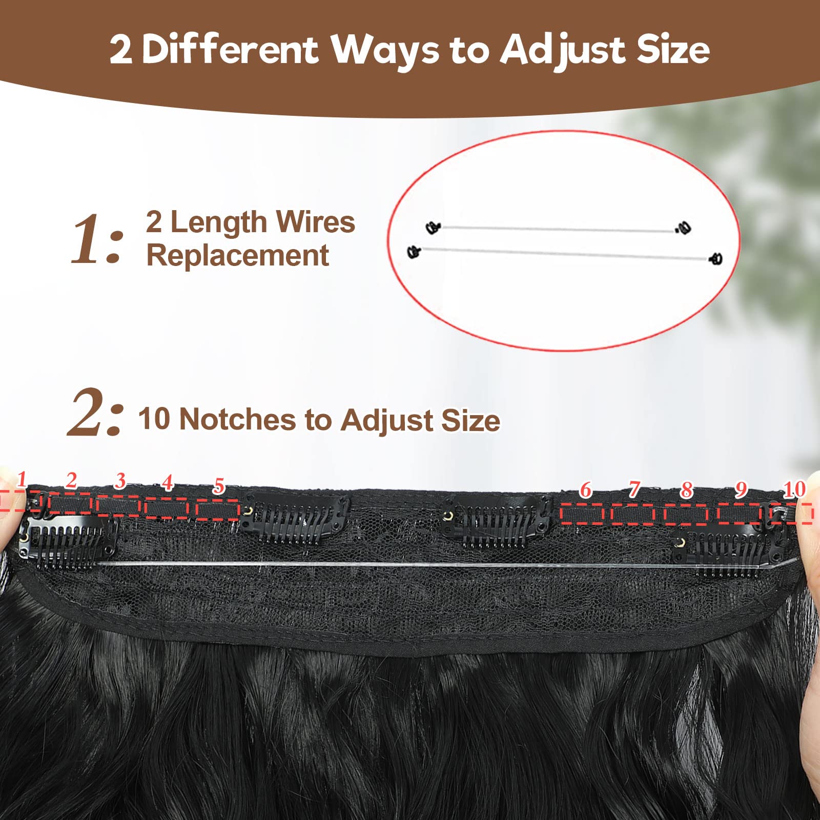 BUPPLER Halo Hair Extensions 20 Inch Invisible Wire Hair Extensions Adjustable Long Wavy Hairpiece Synthetic Upgrade 4 Secure Clips in Hairpieces 20 Inch,Jet Black - Image 4