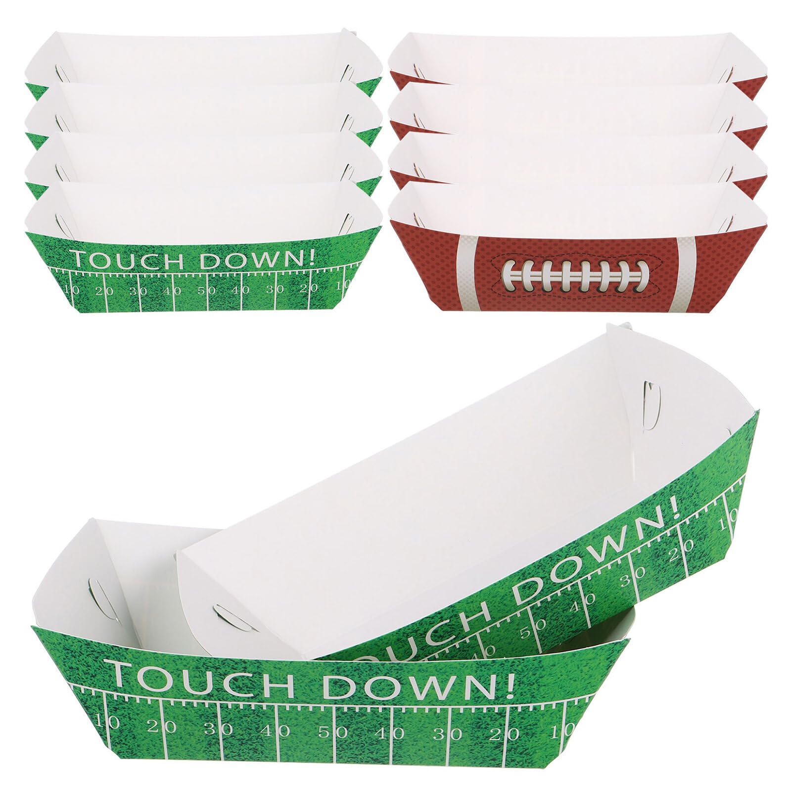 Barquettes jetables papier kraft football x50 plateau snack vert et rouge pour fête et buffet