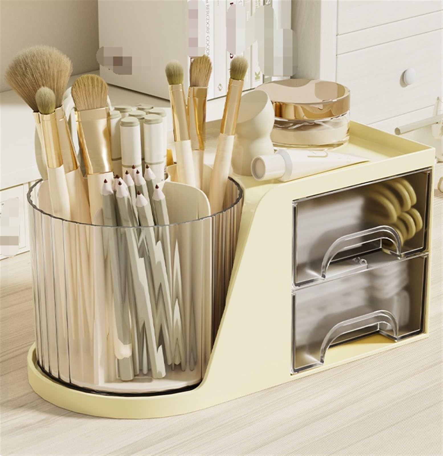 Herramientas Maquillaje Organizador De Escritorio Giratorio con Cajones, Caja Almacenamiento Cosméticos Multifuncional, Maquillaje Uso Diario(Yellow)