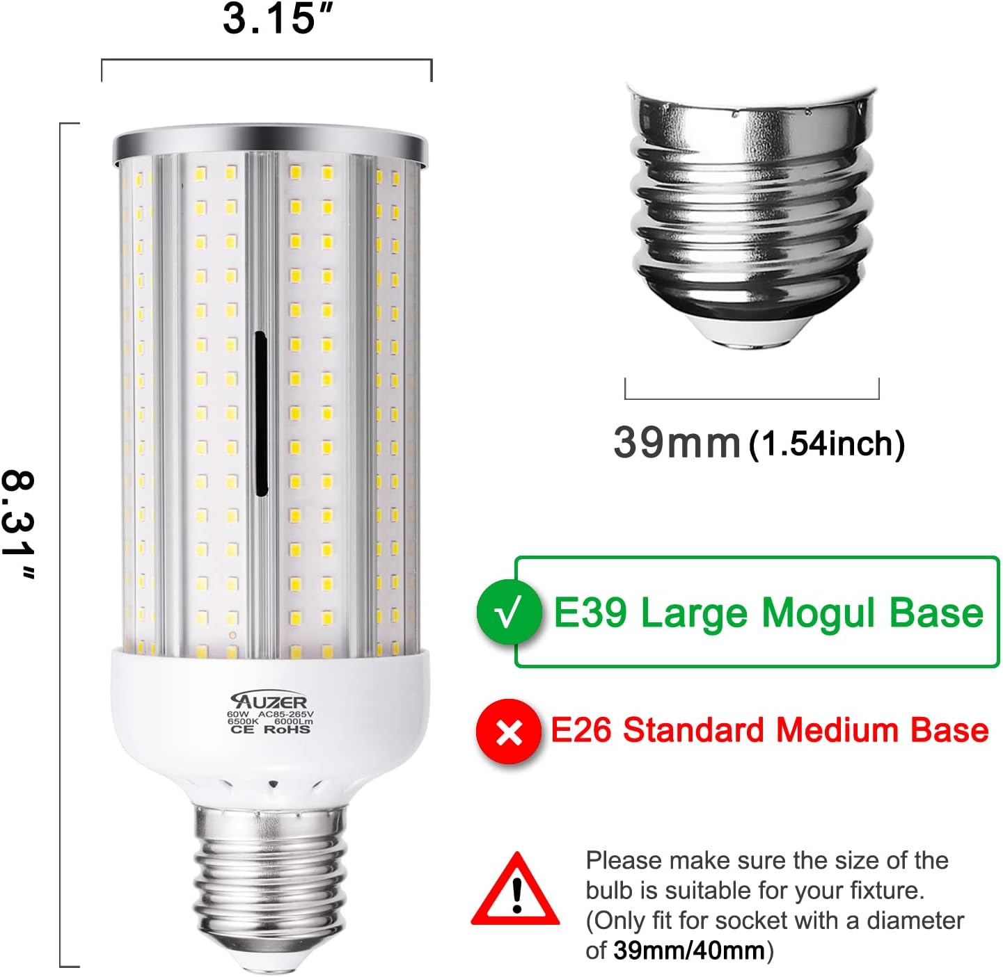60W LED Corn Light Bulb, Large Mogul E39 Base, 6000-Lumen, 6500K Daylight Cool White,LED Bulb for Factory Warehouse Barn Garage Shopping Mall Supermarket Large Area AC85V-265V