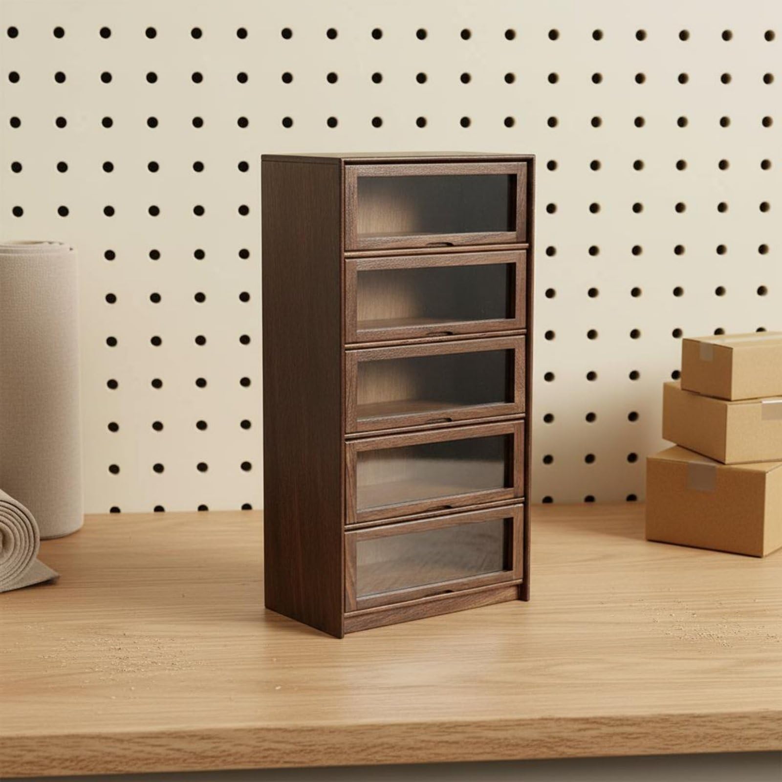 Milageto Miniatur Aufbewahrungsschrank Puppenhaus Möbel Vitrine Regal Schaukasten aus Holz mit Stapelbarem Aufbau Und Realistischem Holzmaserbild für, Kirschholz, Dreischichtiges Klappschrank