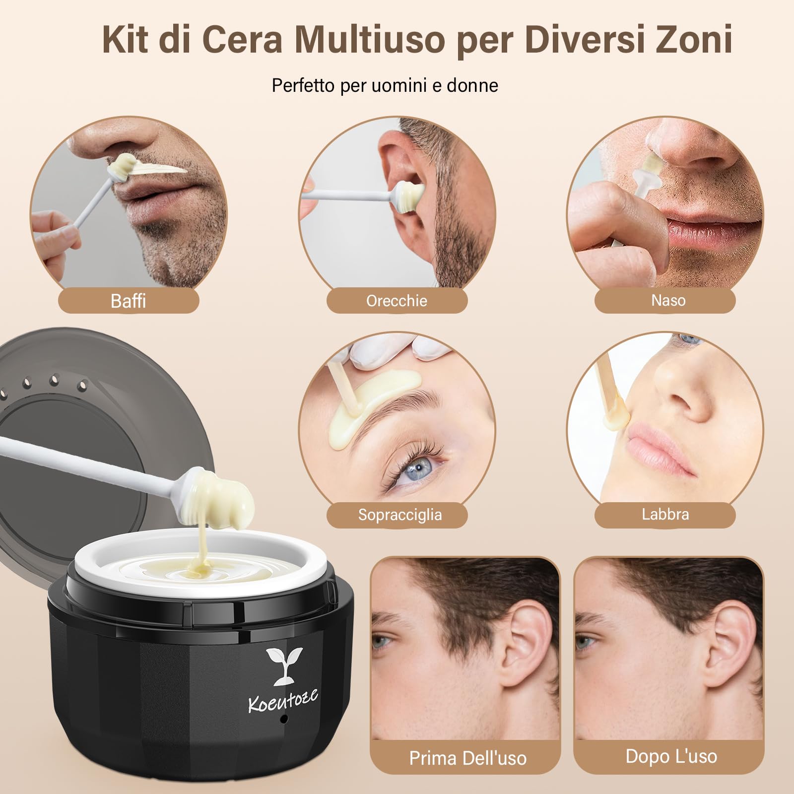 Kit di ceretta Naso per Uomini e Donne – Ceretta Viso con 100g Perle di Cera, 5 Bastoncini Naso & Orecchie, 10 Mascherine Baffi, Mini Scaldacera Elettrico con USB togli peli naso