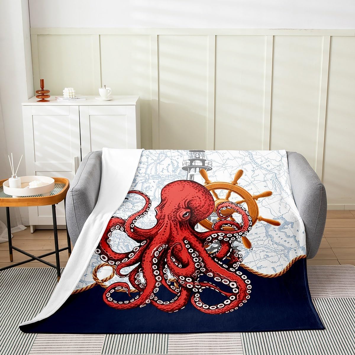 Octopus Fleece Blanket,Marine Life Undersea Animal Bed Blanket for Kids Teens,Ocean Adventure Nautical Anchro Rudder Lighthouse Flannel Blanket for Room Decor,Queen 90"x90"
